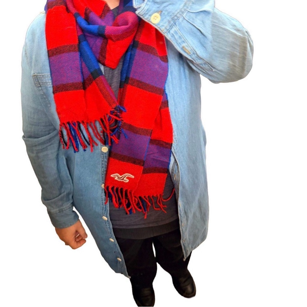 Hollister Buffalo Plaid Blanket Scarf Red Purple Blue Oversized Fringe